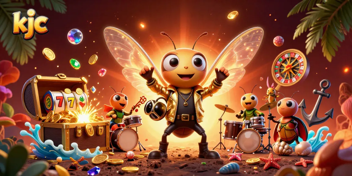 Engage with KJC's vibrant casino scene featuring a cicada rock star surrounded by exciting gambling elements.