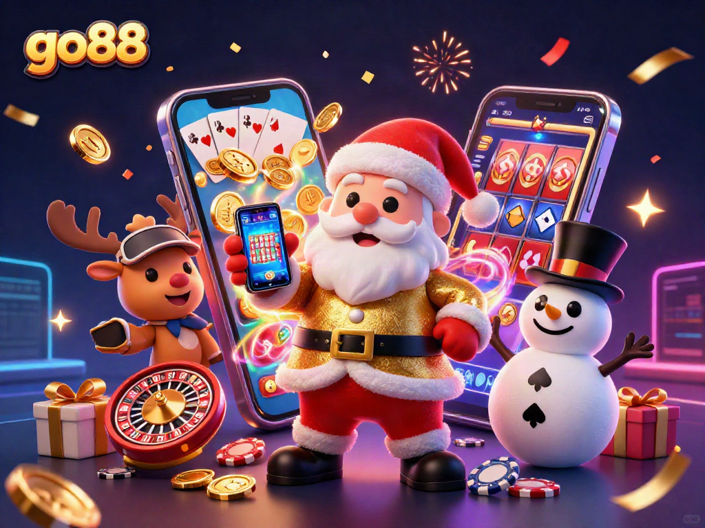 Experience go88's exciting slot games with a captivating Santa and festive characters.