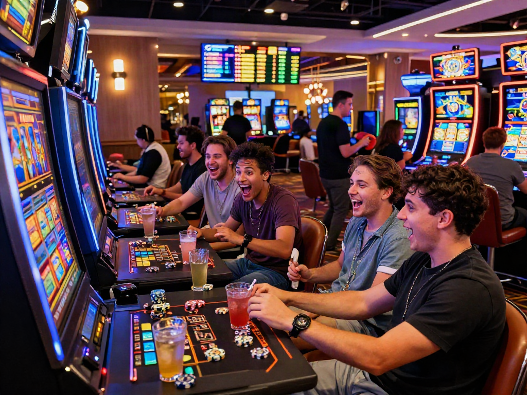 Slot depo 10k excitement in a vibrant casino environment with friends gathered around a colorful high-limit slot machine.