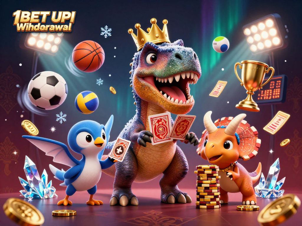 Engage with exciting 1BET UPI Withdrawal action in a vibrant 3D casino scene