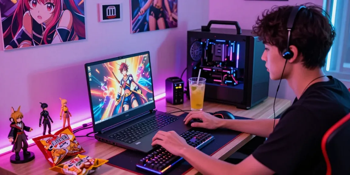 Engaging scene of a player focused on hentai games on a gaming laptop surrounded by anime decor and snacks.