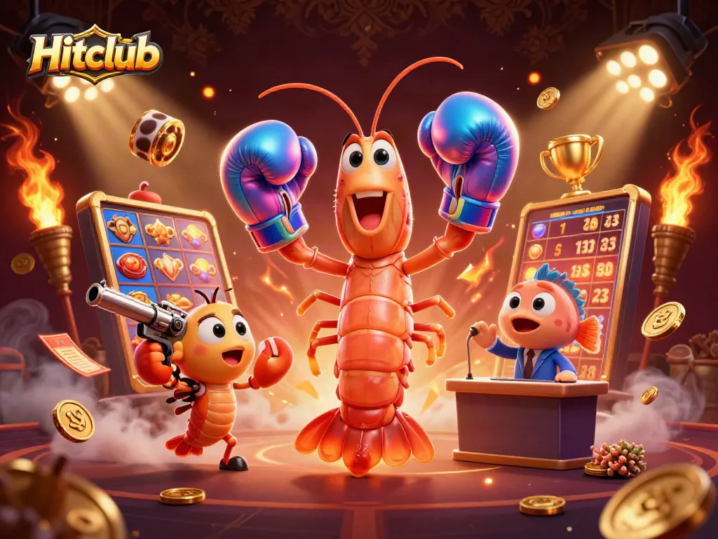 Hitclub players celebrate with 3D mantis and pistol shrimps amidst dynamic casino wins and game elements.