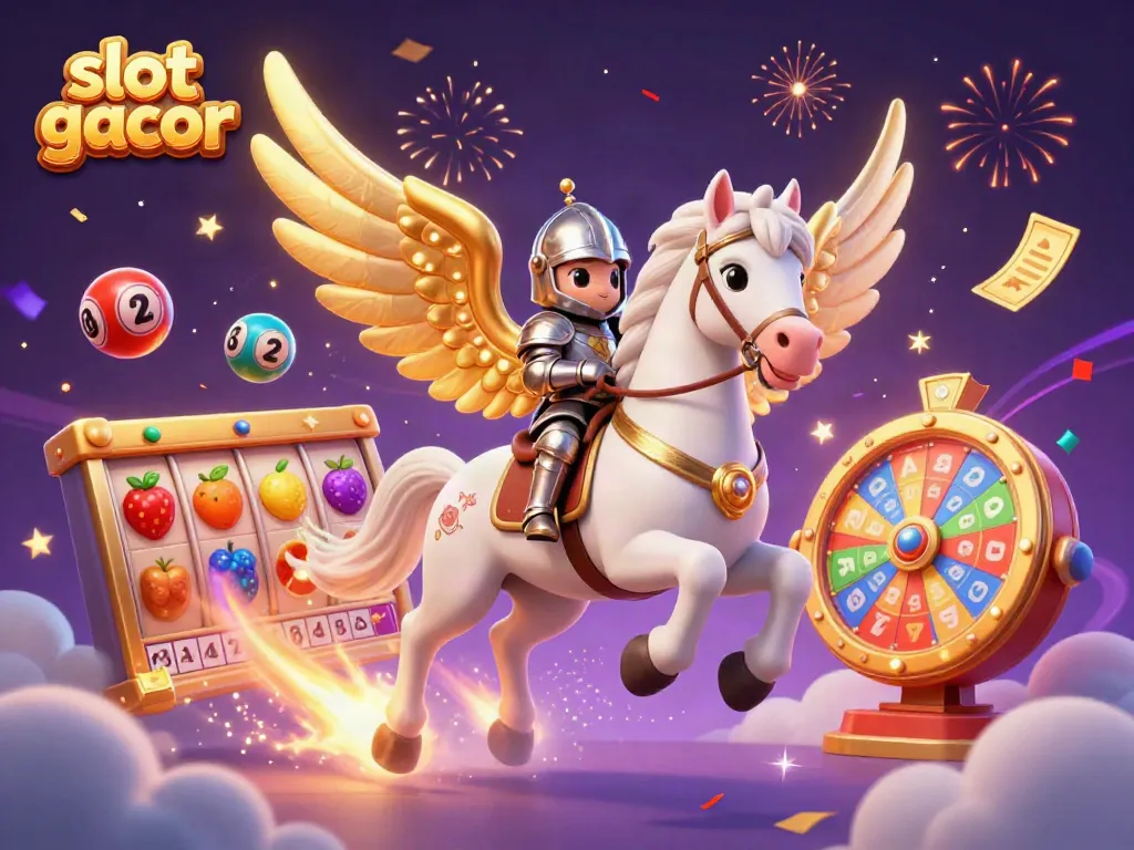 Engage with the thrilling slot gacor adventure as a knight rides a celestial horse amidst vibrant gaming elements.