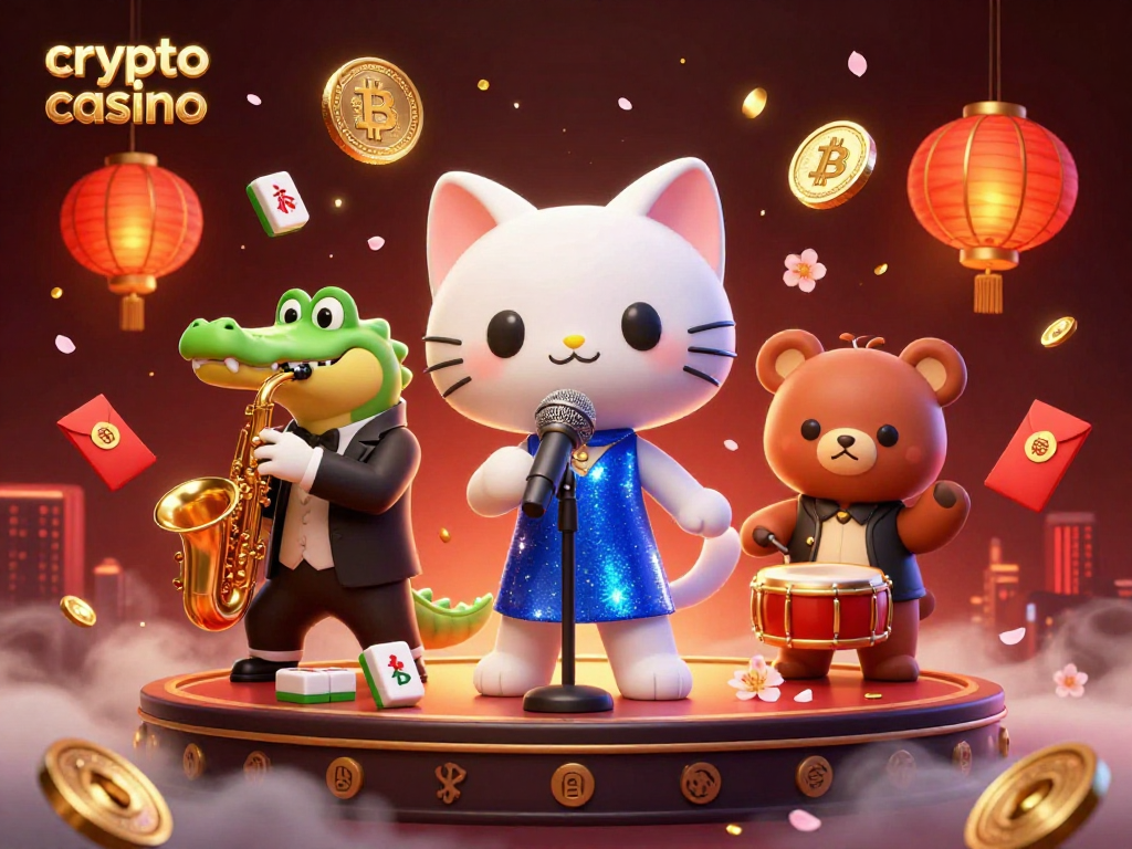 Engage in a vibrant crypto casino scene with cartoon characters, floating coins, and festive elements.