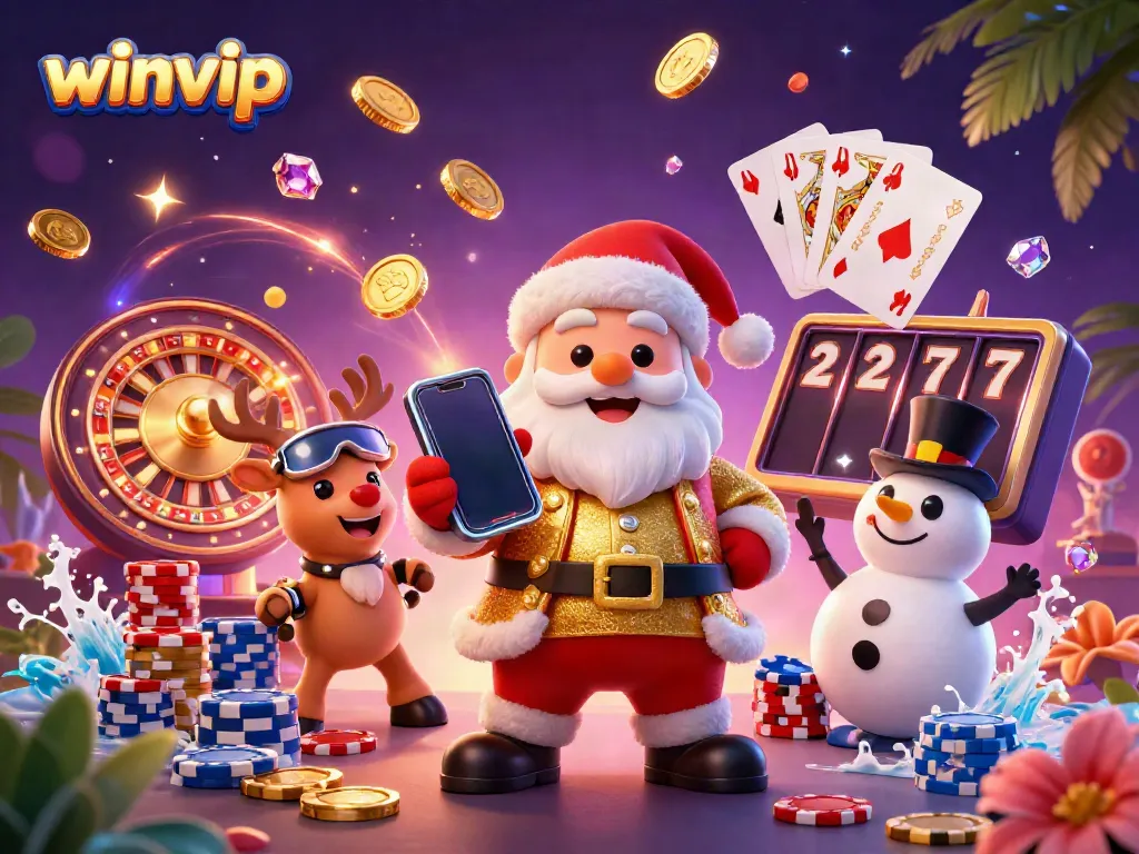 Experience winvip with Santa Claus and friends in a lively casino illustration, brimming with excitement.