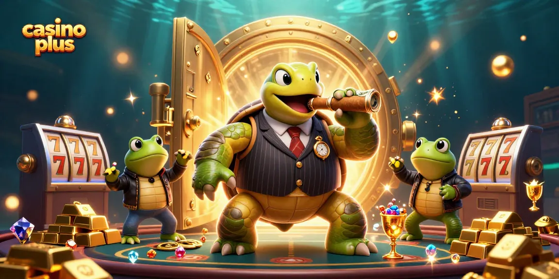 Experience the excitement of casino plus with a vibrant 3D illustration featuring a spectacular turtle and frogs.