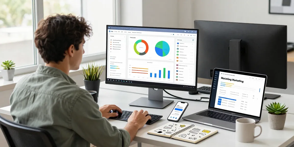 Expert marketing specialist analyzing AI marketing tools data in a modern office workspace.