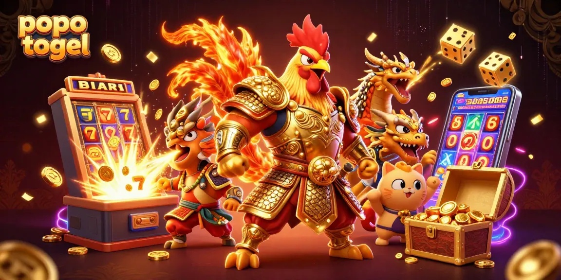 Engage with popo togel's thrilling graphics featuring a rooster warrior, dragon hatchling, and vibrant slot elements.