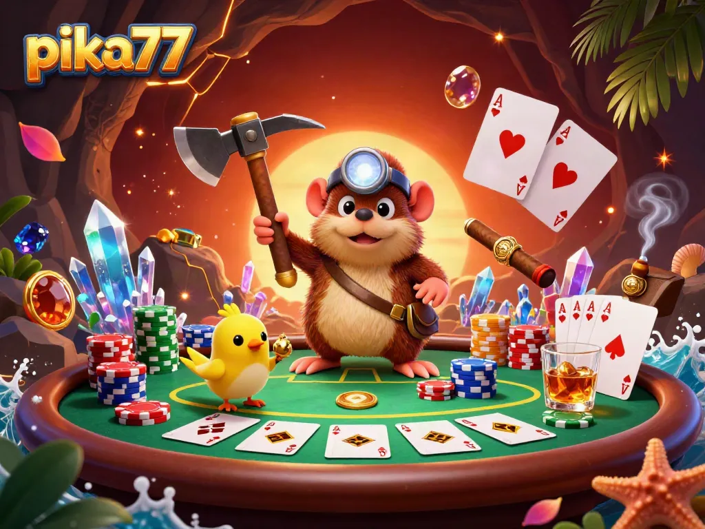 Pika77 casino scene features a treasure hunter mole mining gems, poker elements and colorful chip stacks.