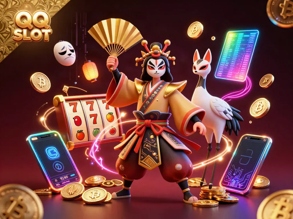 Engage with QQ SLOT in a vibrant, dynamic online casino scene featuring kabuki warriors and 3D coins.
