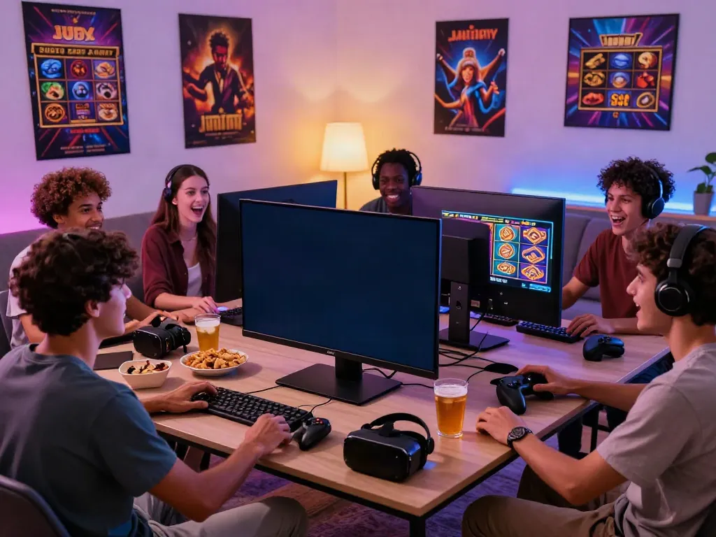 Friends enjoying judi slot games on a large screen with snacks and gaming gear.