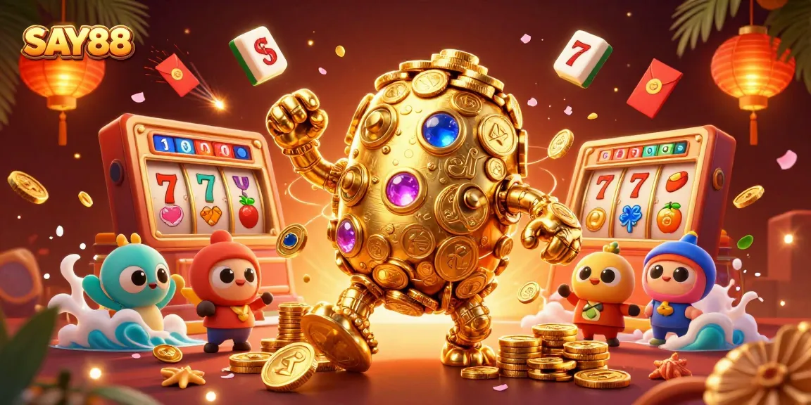 SAY88 brings exciting gaming elements like jackpots and dynamic slots in a vibrant 3D illustration.