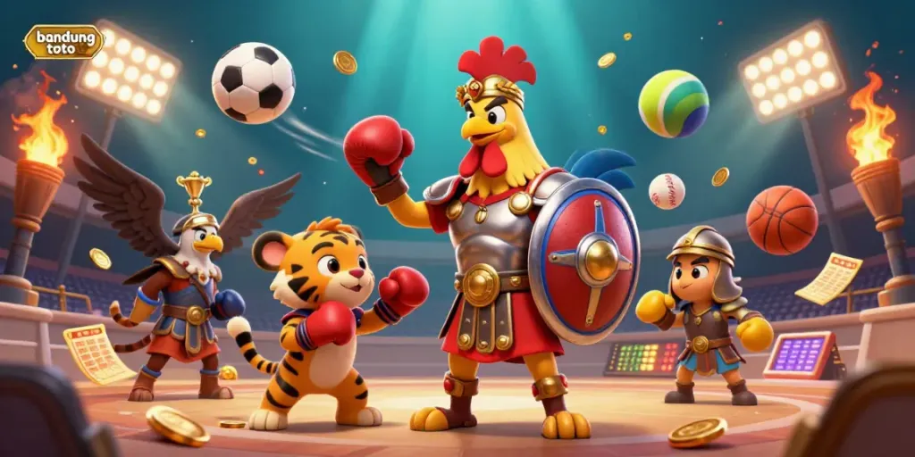 Engage with exciting bandung toto gameplay, featuring a 3D gladiator rooster and dynamic game elements.