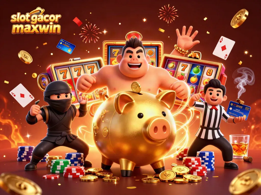 Witness the excitement of slot gacor maxwin with vibrant action around a golden piggy bank sumo wrestler and ninja wallet.
