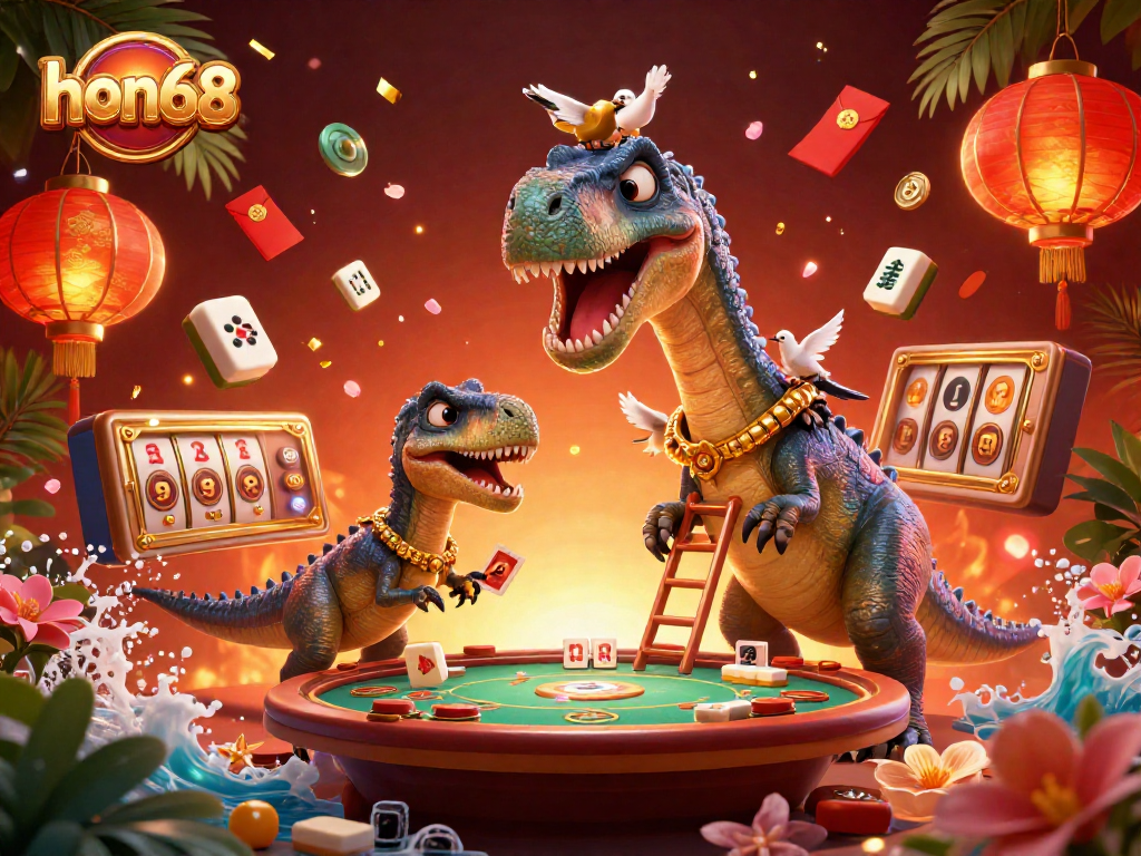 Experience exciting gaming action at hon68 with a dynamic 3D casino illustration showcasing vibrant slot games.