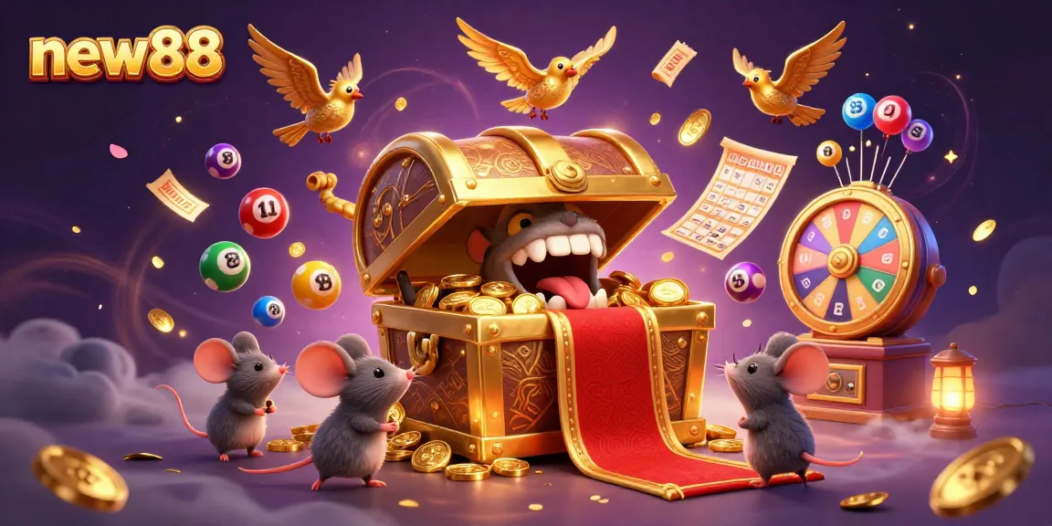 Experience thrilling gambling excitement at new88 with vibrant games and rich prizes in an illustrated scene.