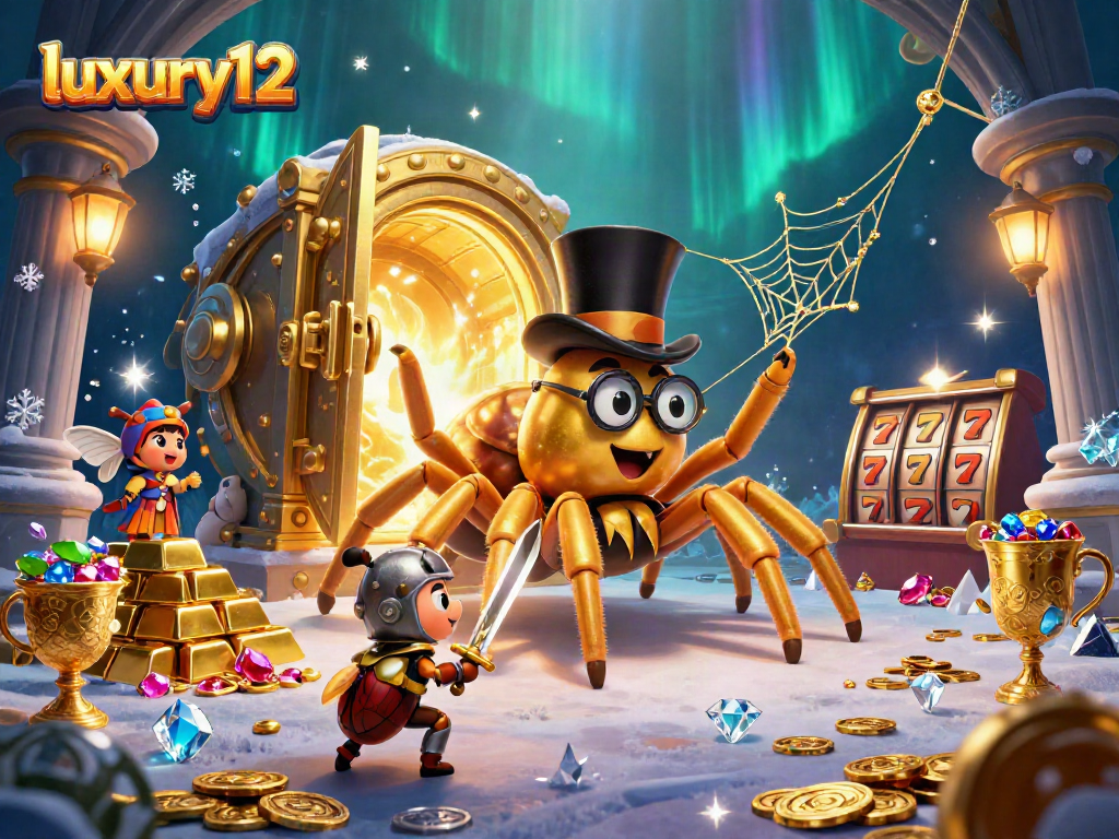 Gambarkan pengalaman bermain slot luxury12 dengan karakter unik dan hiasan emas yang memukau dalam adegan kasino