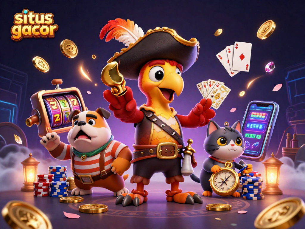 Menghadirkan situs gacor dengan slot machine dan simbol keberuntungan, dikelilingi koin emas dan petunjuk permainan.