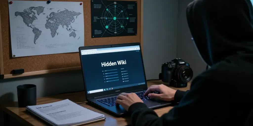 The hidden wiki dark web navigation scene with user exploring .onion sites in a dimly lit room.