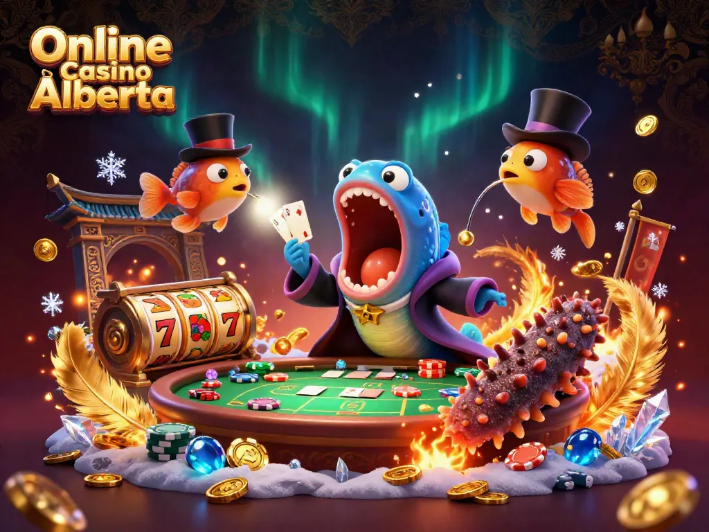 Engage with the vibrant visual of Online Casino Alberta featuring magical sea creatures and casino elements.