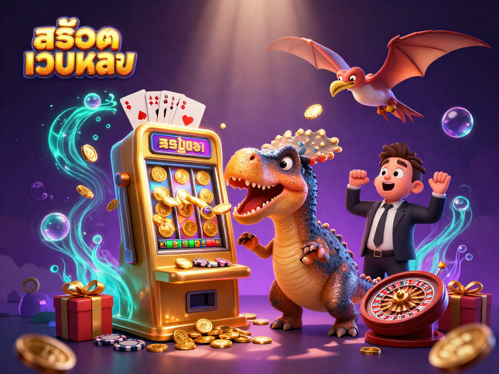 Experience the thrill of สล็อตเว็บตรง as a dinosaur hits a jackpot slot machine amidst a colorful casino scene.