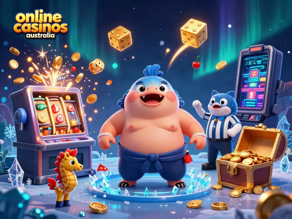 Engage with top online casinos Australia through dynamic casino games, featuring vibrant slot machines and characters.