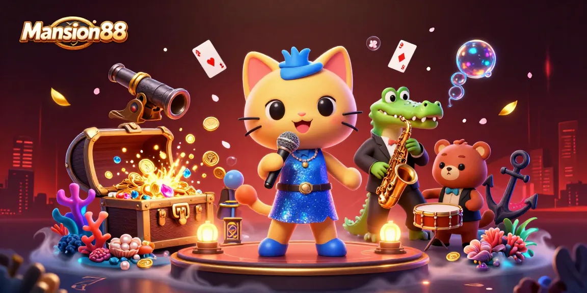 Mansion88 meriahkan pengalaman judi online dengan gambar kartun kucing penyanyi jazzy dikelilingi oleh harta dan kartu bermain.