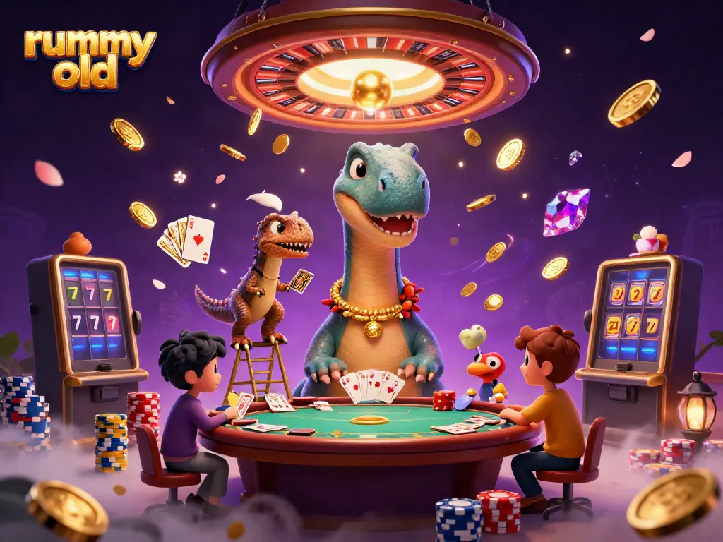 Experience the dynamic world of rummy old with vibrant characters and casino elements exploding with excitement.