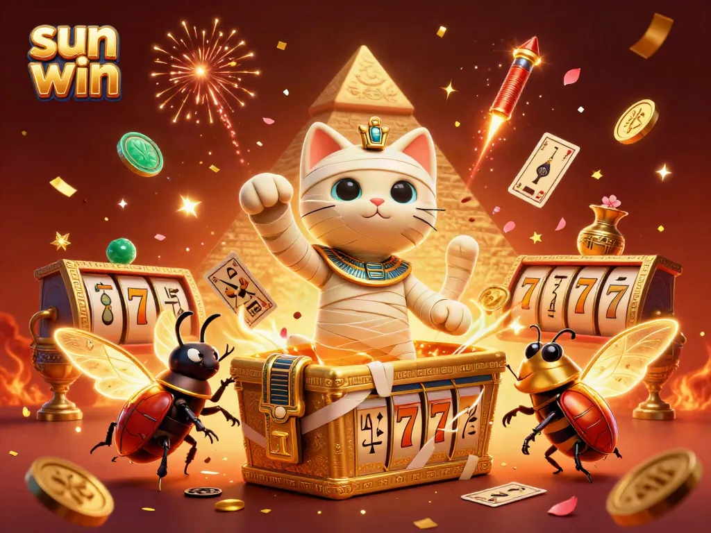 Experience the thrill of sun win with a vibrant pyramid casino scene featuring an Egyptian mummy cat and glowing scarab beetle.