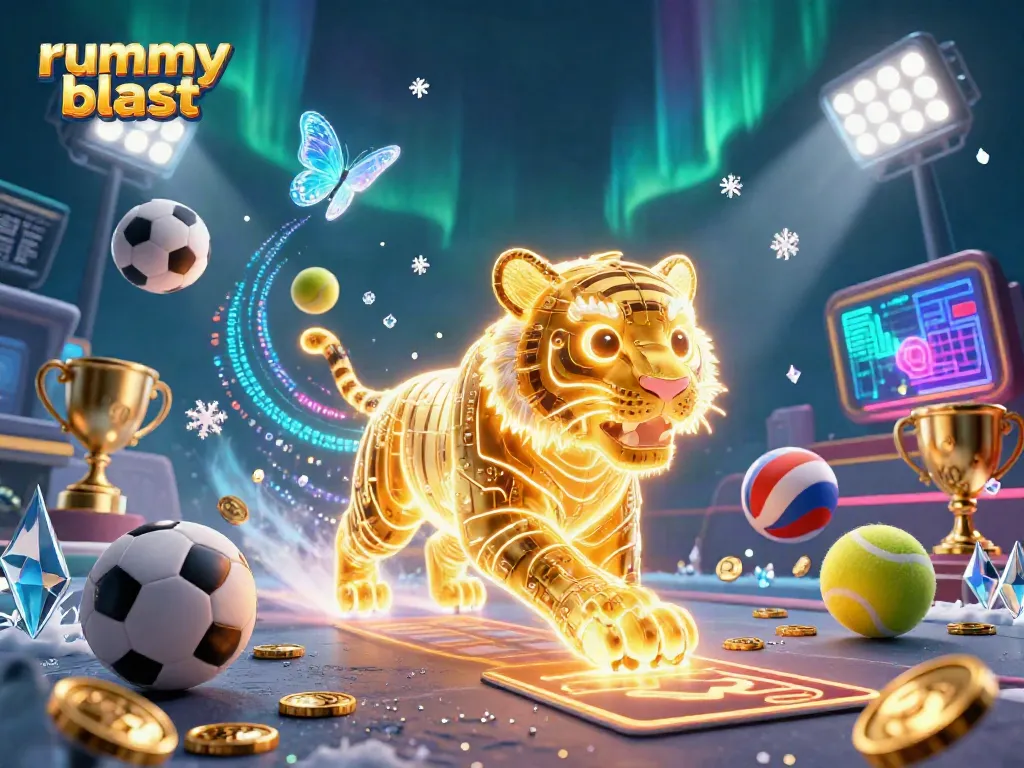 Experience thrilling rummy blast moments with neon wireframe characters in a dynamic casino setting.