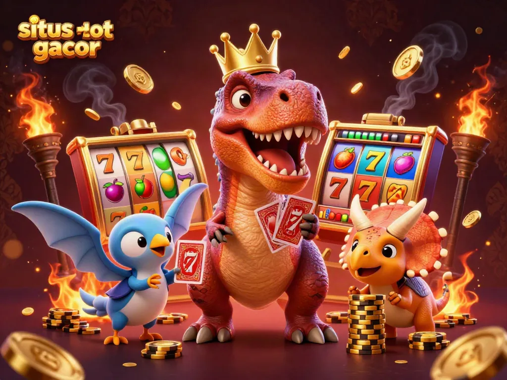 Gambarkan situs slot gacor dengan karakter yang penuh warna dalam suasana kasino yang ceria.