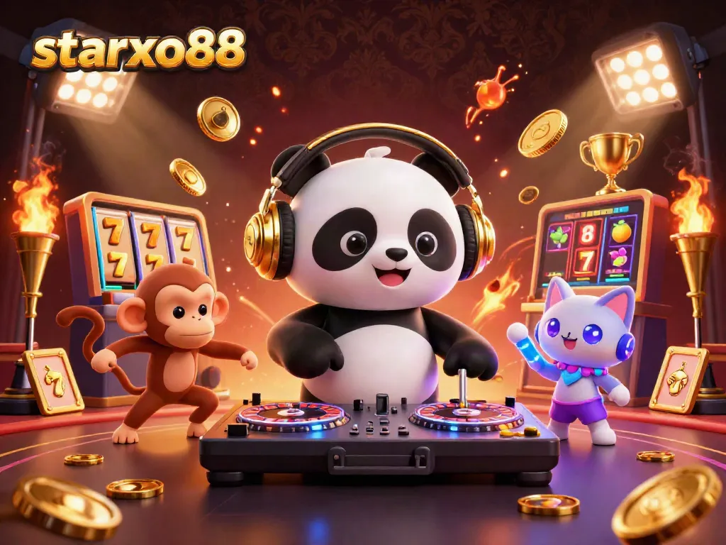 Engage in thrilling spins on slot reels with starxo88 at the heart of a vibrant casino party scene.