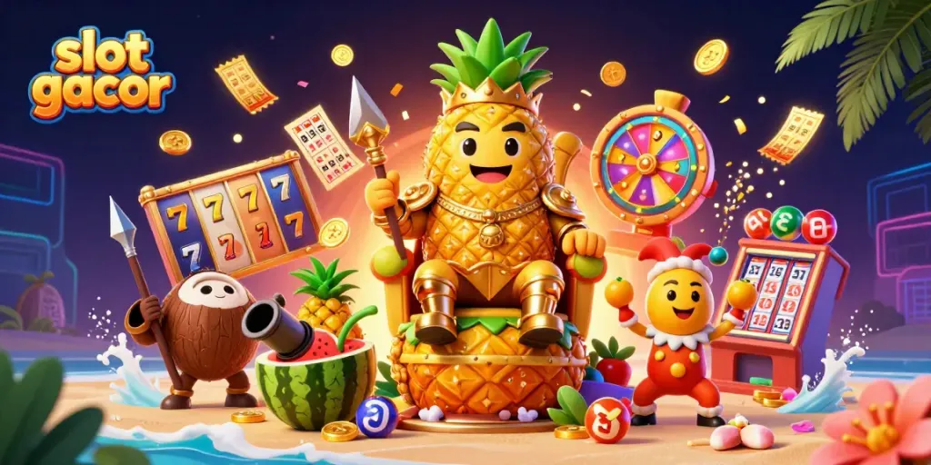 Experience the excitement of slot gacor with a vibrant beach casino scene featuring golden characters and lively elements.