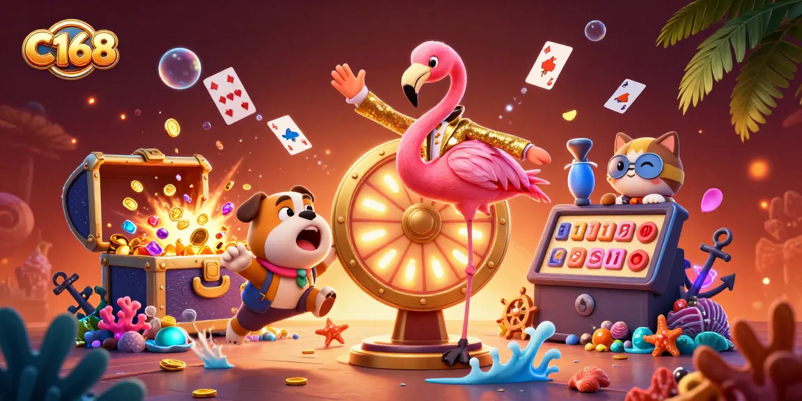 C168 invites players to spin the winning wheel with excitement in a vibrant casino illustration.