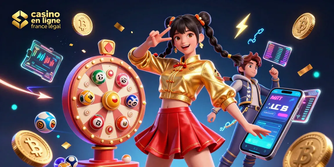 Illustration captivante de casino en ligne France légal montrant une femme dynamique avec des éléments de loterie et de crypto.