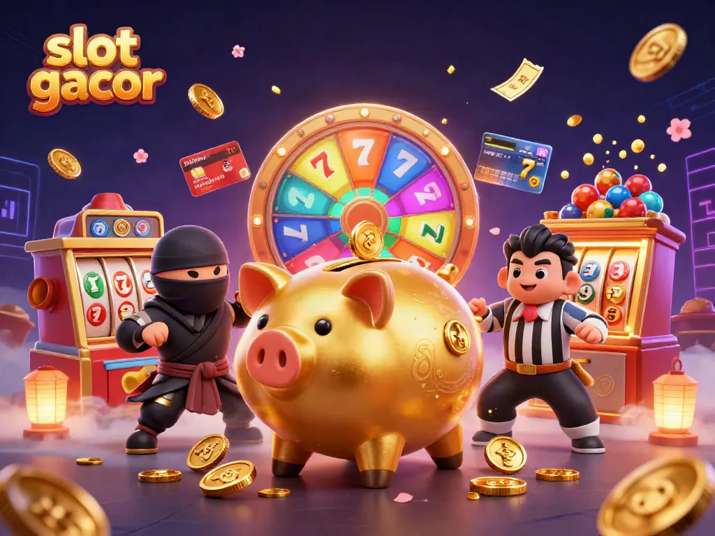 Visualisasi slot gacor dengan karakter kartun, simbol jackpot, dan arus uang emas yang melimpah.