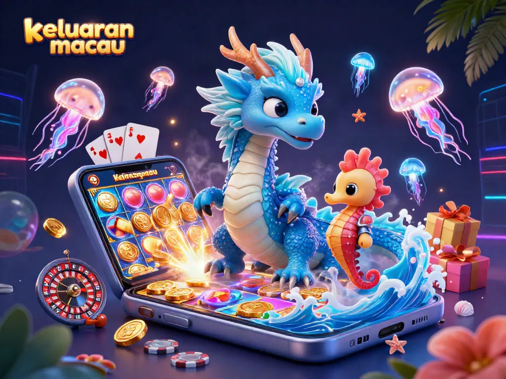 Menyaksikan keluaran macau di smartphone dengan ilustrasi naga air 3D, ikan seahorse, dan ubur-ubur neon di sekitar elemen kasino