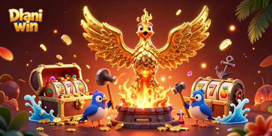 Dhani win showcases a molten golden phoenix with winning slot elements and treasure in a vivid 3D scene.