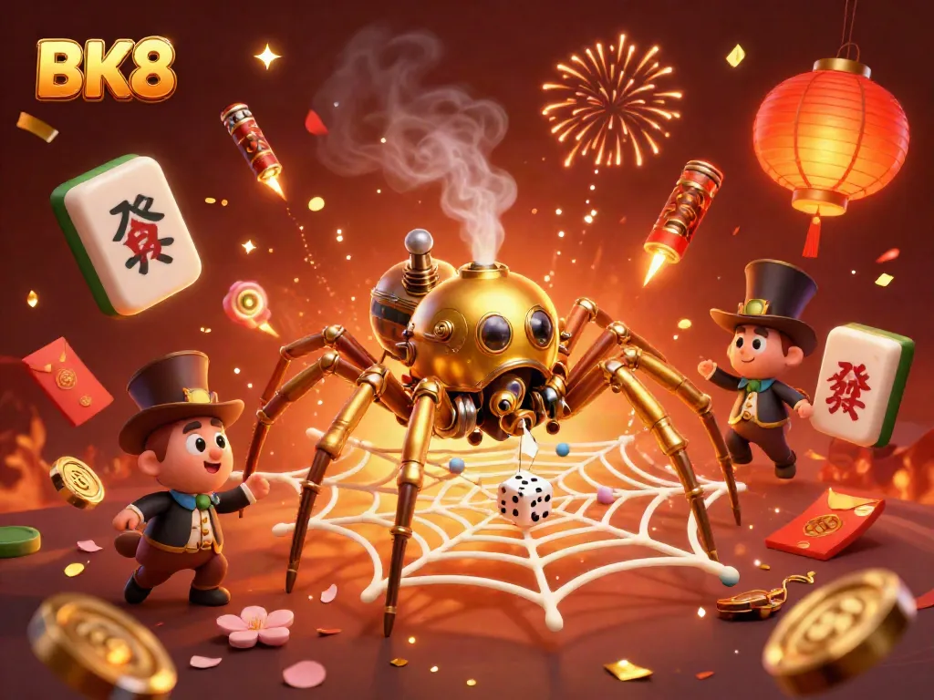 Engage with BK8's vibrant casino atmosphere featuring a steampunk spider and golden web in a lively scene.