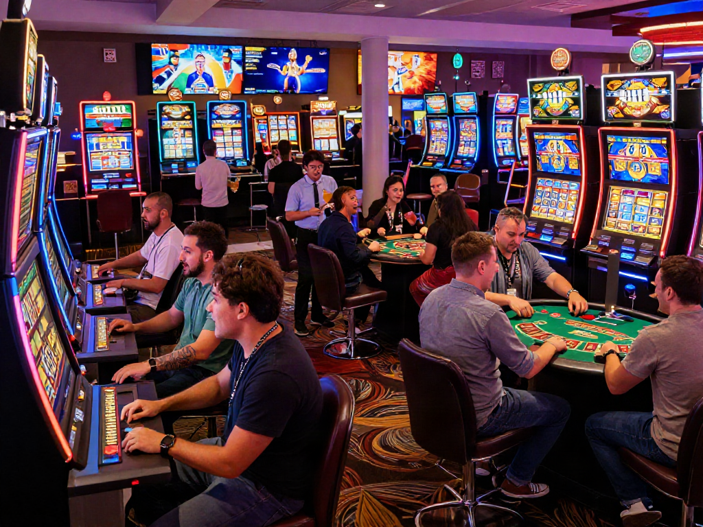 Excited players celebrating around the slot119 machine in a vibrant casino atmosphere.