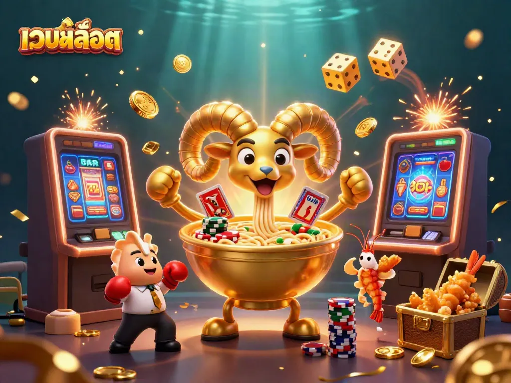 Engaging scene with เว็บสล็อต characters celebrating a jackpot and casino excitement, vibrant 3D illustration.