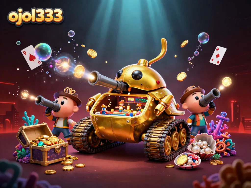 Experience ojol333 excitement with a vibrant 3D casino scene featuring games and treasures.