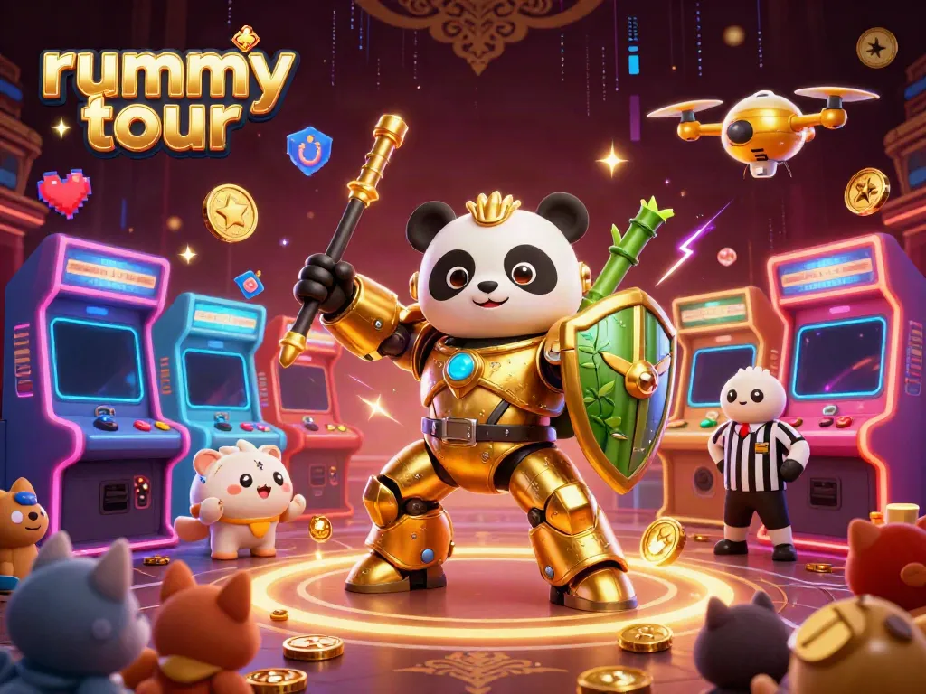 Permainan rummy tour yang menarik dengan panda emas dalam pakaian mech di arena, dikelilingi elemen permainan kasino.