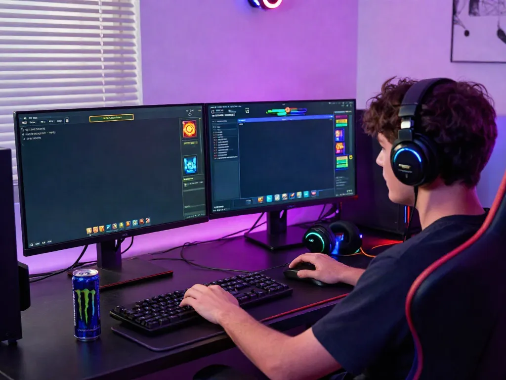 A person playing akunjp online slots with vibrant graphics and modern gaming setup.