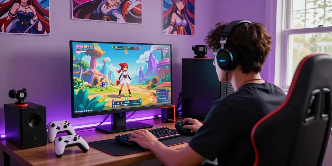 Player enjoying hentai games in an immersive gaming setup with vibrant visuals and modern accessories