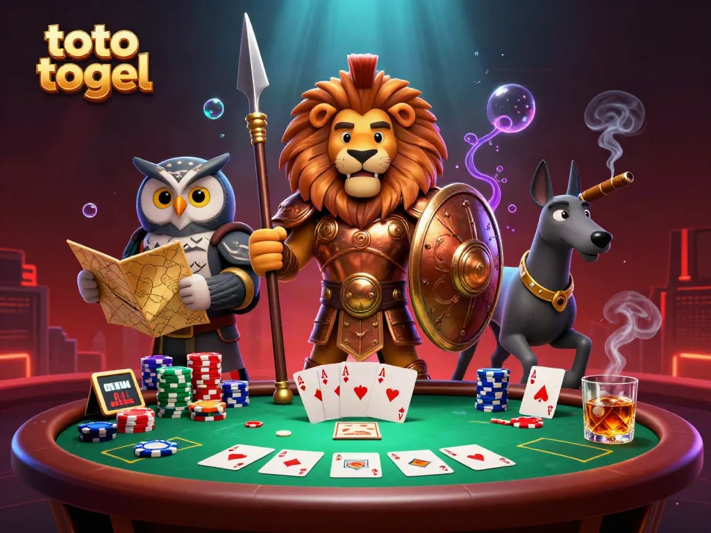 Win big with toto togel as a heroic Spartan lion battles at a vibrant poker table, surrounded by eager strategists.