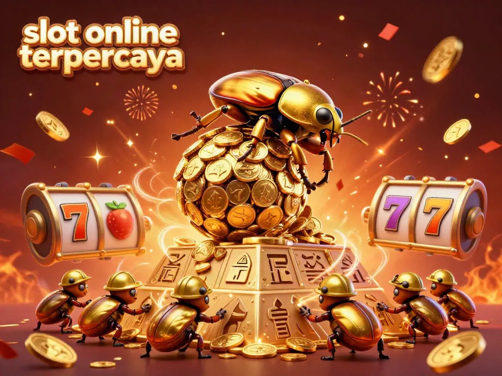 Jelajahi slot online terpercaya dengan simbol keberuntungan dan dinamis pada ilustrasi berwarna cerah.