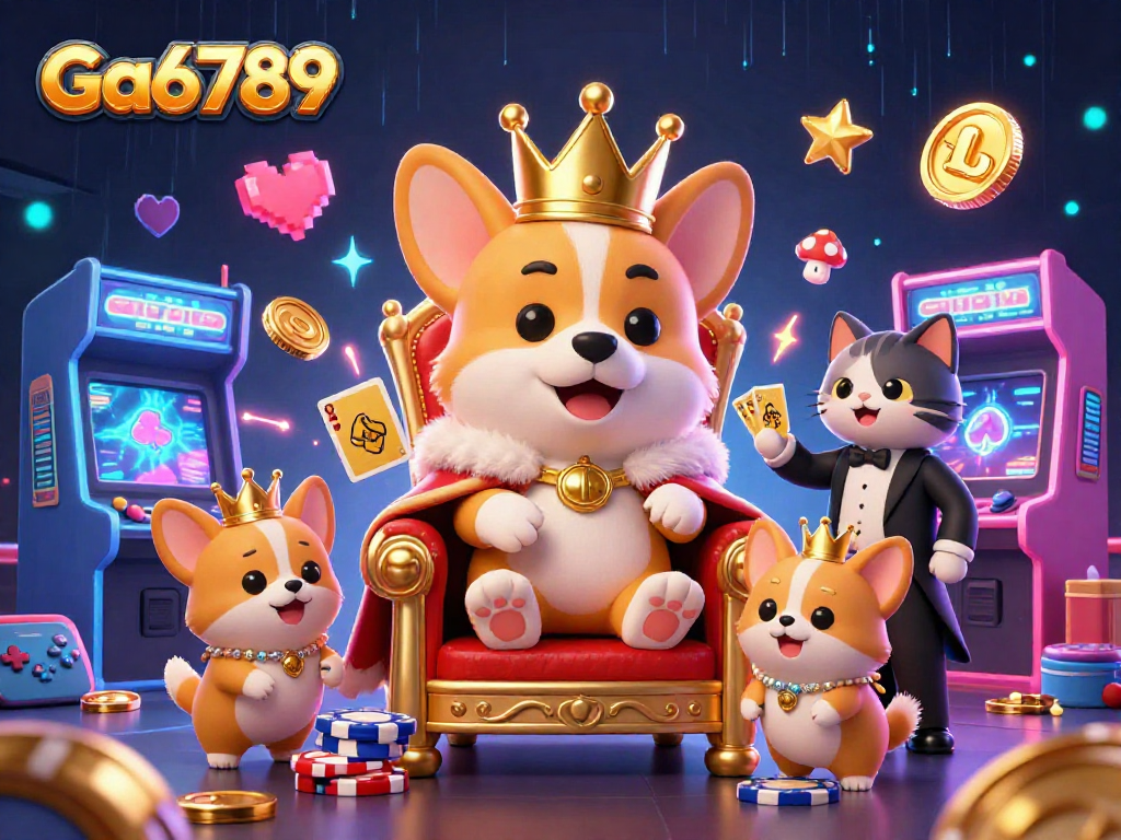 Engage with Ga6789 in an immersive 3D casino scene featuring royal corgi and vibrant gaming elements.