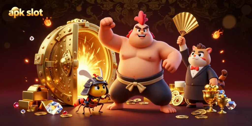 Rasakan pengalaman bermain apk slot dengan ilustrasi karakter kasino yang unik dan menarik.