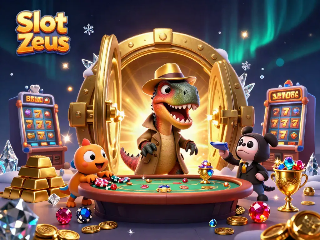Experience thrilling luck at Slot Zeus with a cartoon velociraptor card counter amidst golden treasures and slot machines.